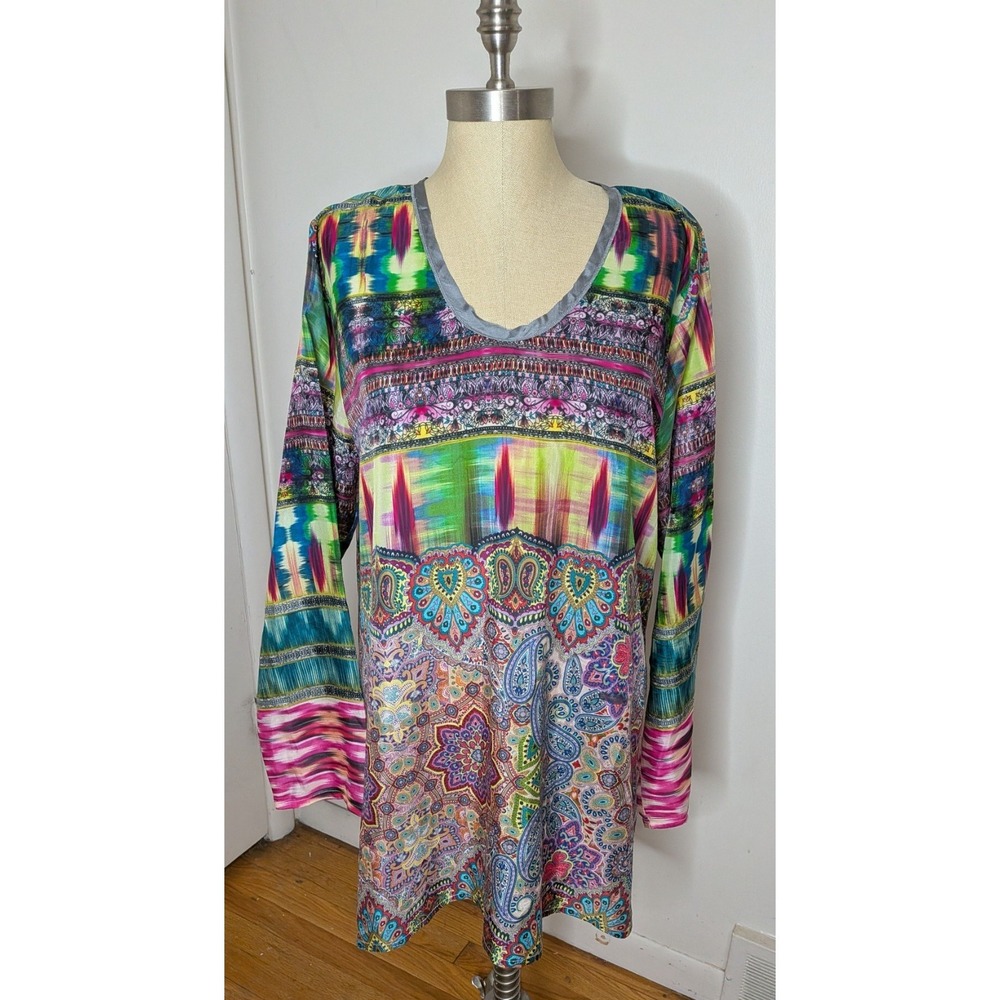 Johnny Was Women 100% Silk Paisley Mixed Print Kimono Style Tunic Top, Size L